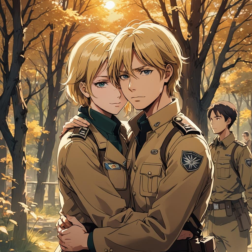 Anime style. Medium shot. Annie Leonhart and Armin Arlert embracing warmly in a cadet corps setting. Soft focus. Vibrant textures and bold l...