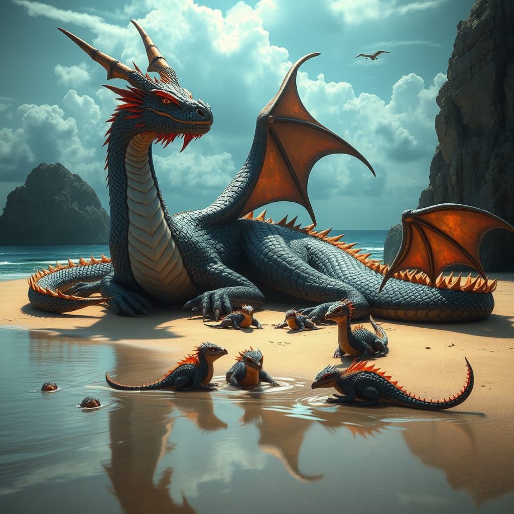 beautiful dragon mother relaxing on a pretty beach with her tail gently waving. The baby dragons splish splash joyfully ...