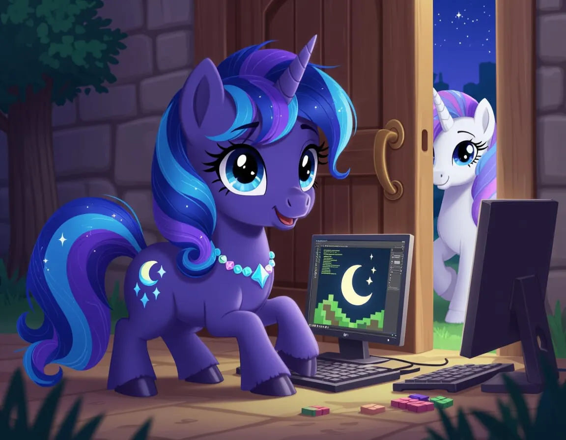 "A young baby foal version of Princess Luna from My Little Pony, standing up. The foal must exclusively use Princess Lun...