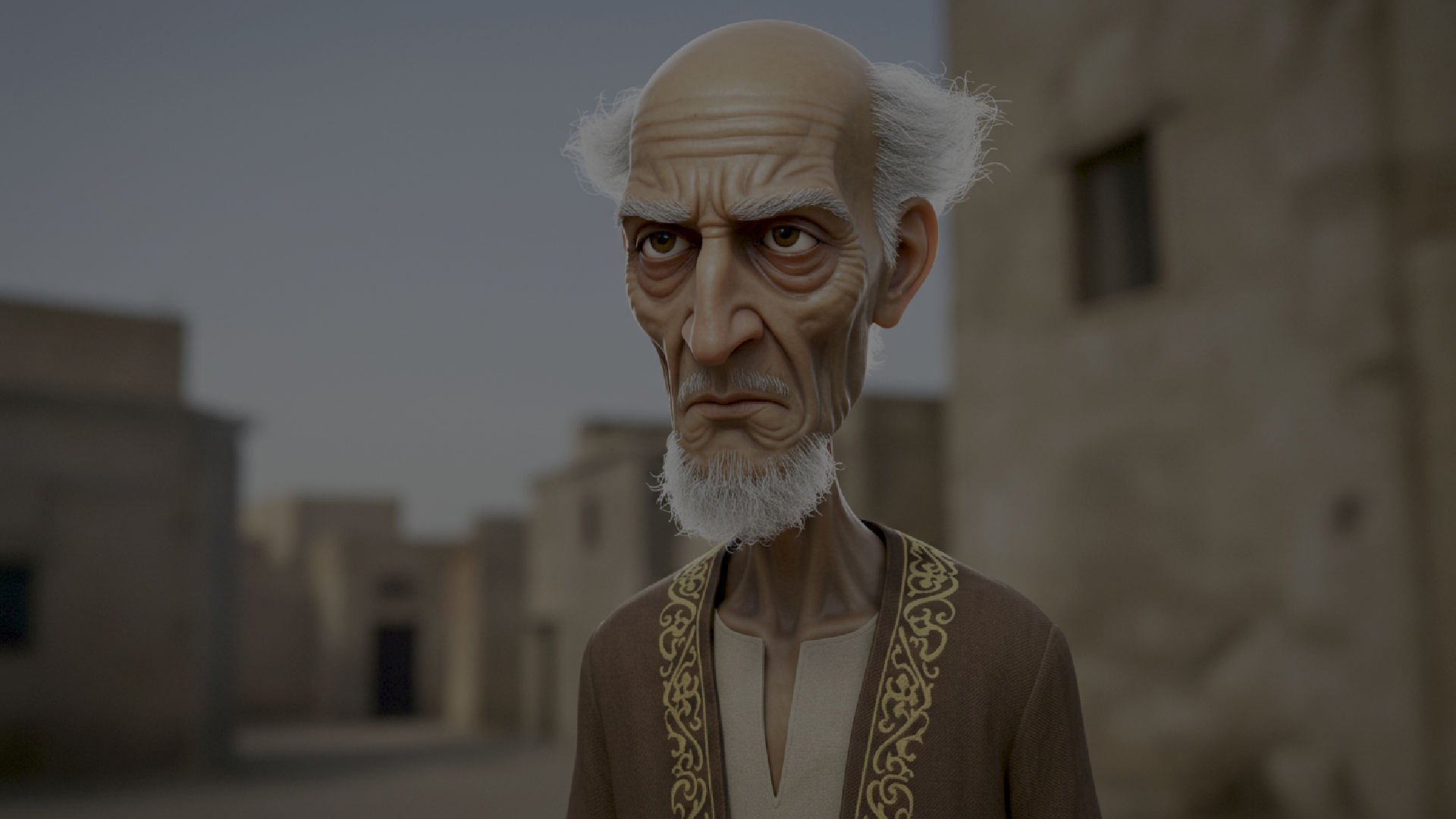 3D fantasy animation character, melancholic 70 year old Egyptian man of average looks and olive skin, very wrinkled, very boney, medium heig...