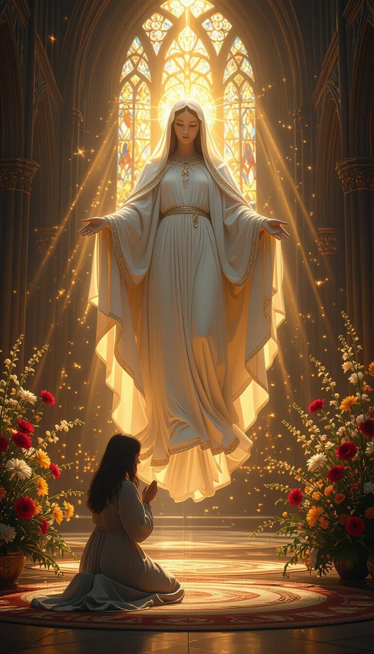 "Holy Virgin Mary, floating in golden light inside a gothic cathedral, a kneeling woman praying with reverence. Soft glo...