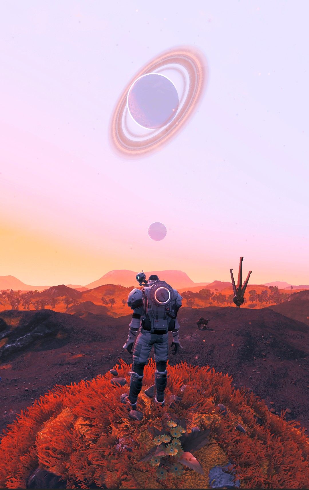 astronaut on his back contemplating the dawn of a new discovered world 